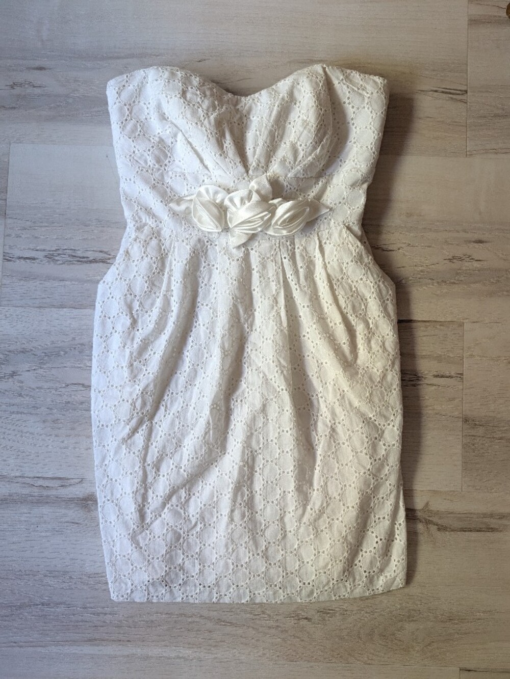 Ruby Rox Strapless White Eyelet Dress with Floral Sash